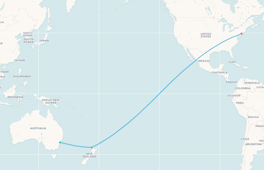 Qantas Auckland to New York fifth-freedom route map
