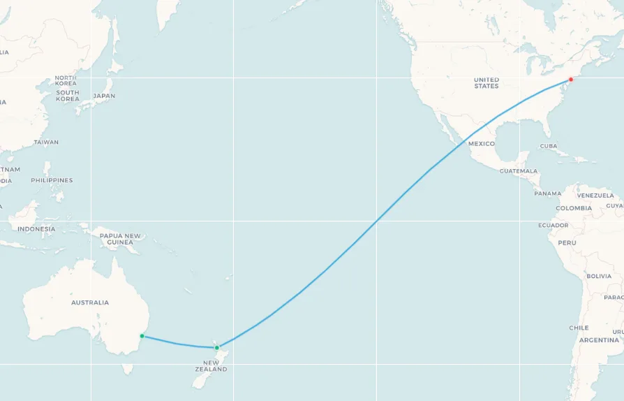 Qantas Auckland to New York fifth-freedom route map