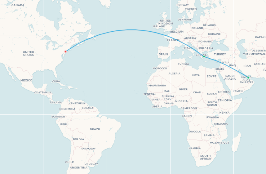 Emirates Athens to Newark fifth-freedom route map