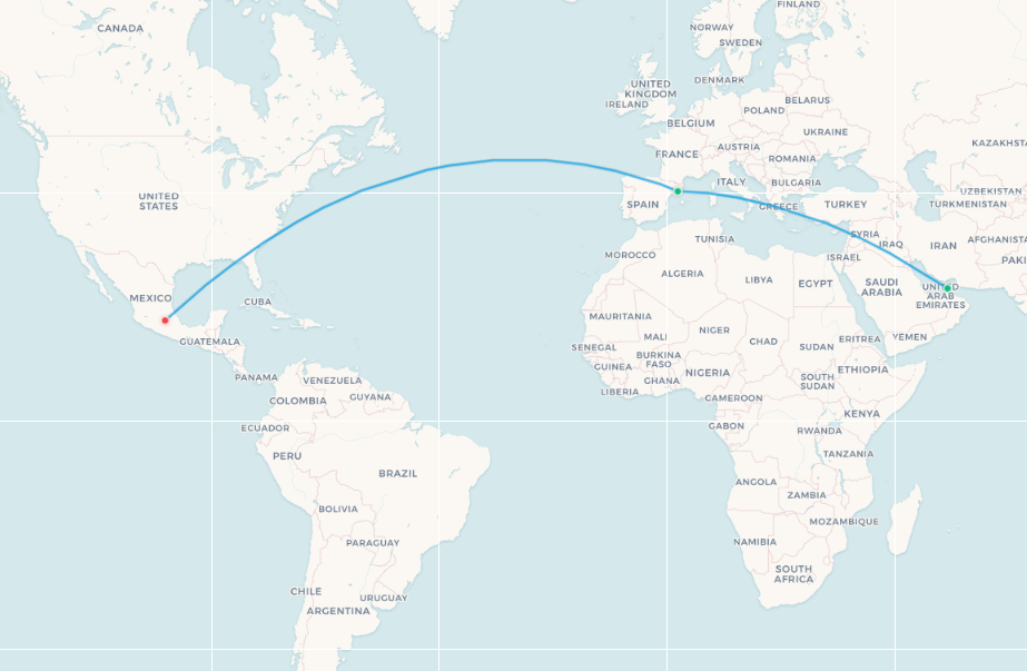 Emirates Barcelona to Mexico City fifth-freedom route map