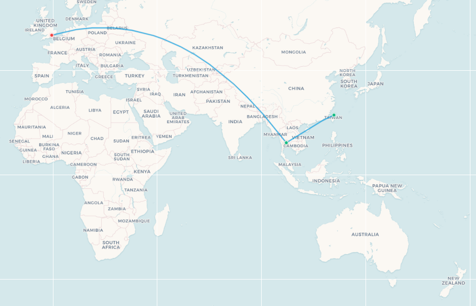 EVA Air Bangkok to London fifth-freedom route map