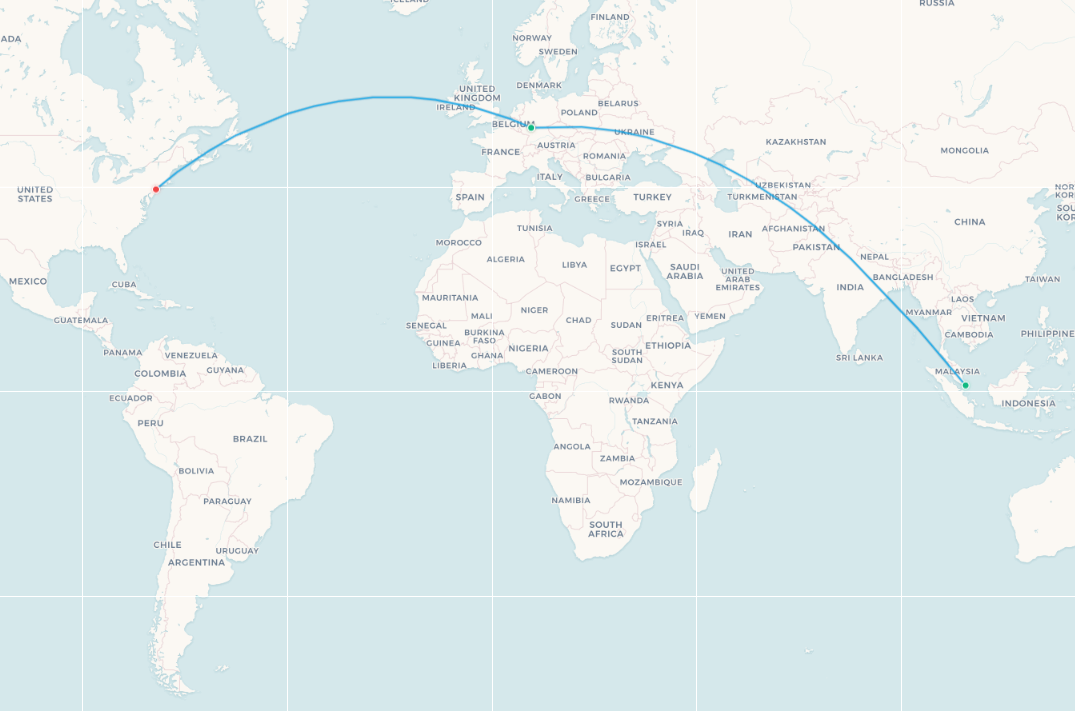 Singapore Airlines Frankfurt to New York fifth-freedom route map