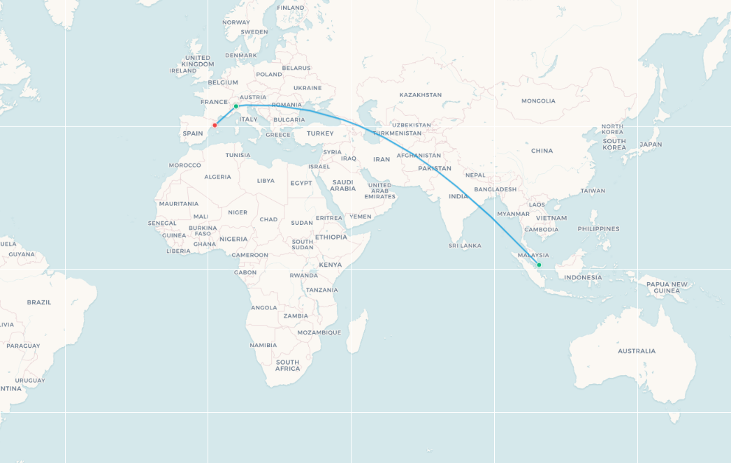 Singapore Airlines Milan to Barcelona fifth-freedom route map