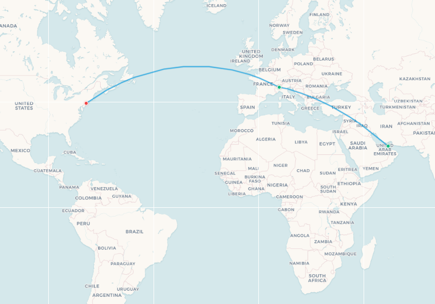 Emirates Milan to New York fifth-freedom route map