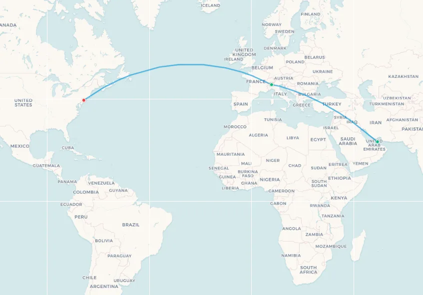 Emirates Milan to New York fifth-freedom route map