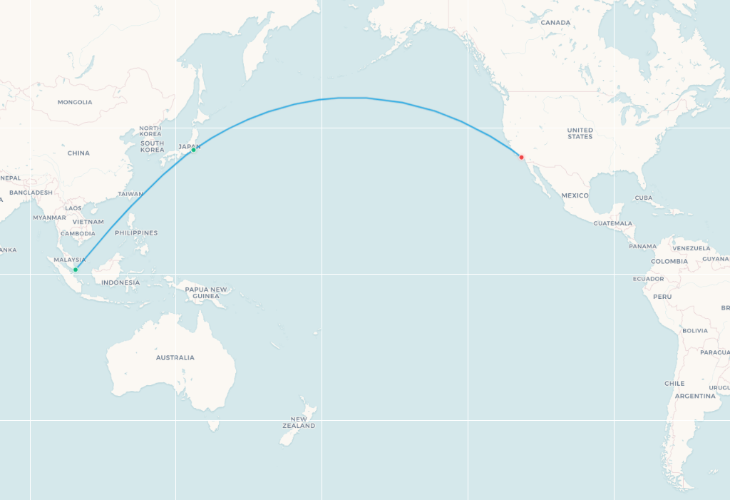 Singapore Airlines Tokyo to Los Angeles fifth-freedom route map