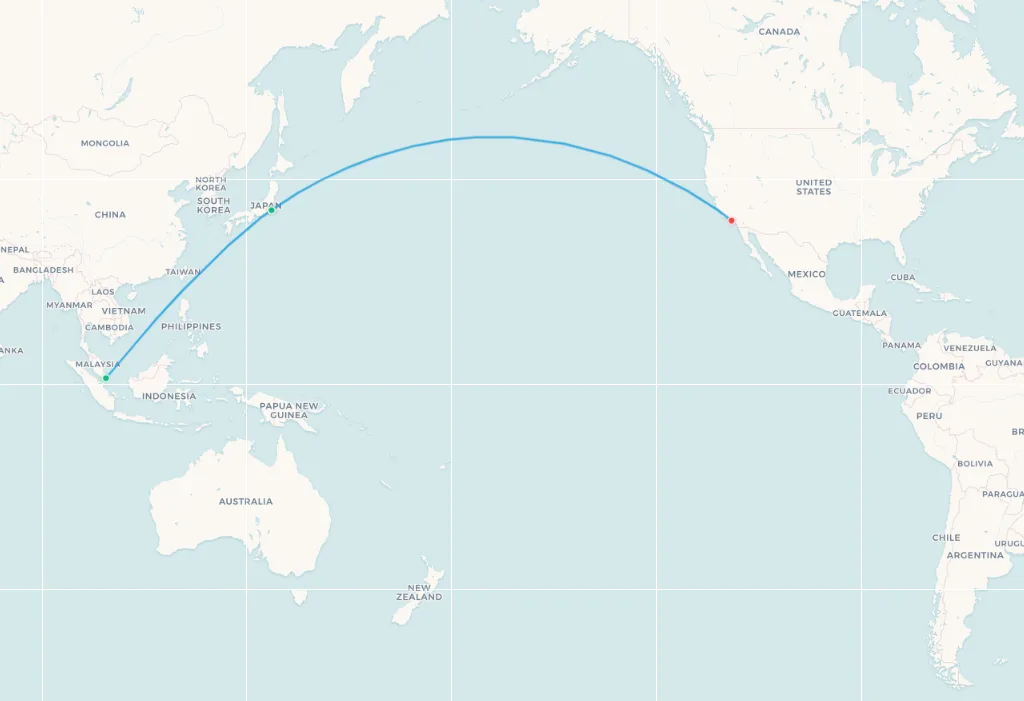 Singapore Airlines Tokyo to Los Angeles fifth-freedom route map