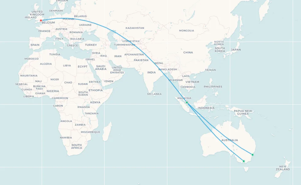Qantas Singapore to London fifth-freedom route map