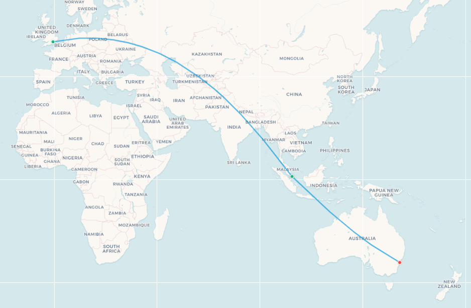 British Airways Singapore to Sydney fifth-freedom route map