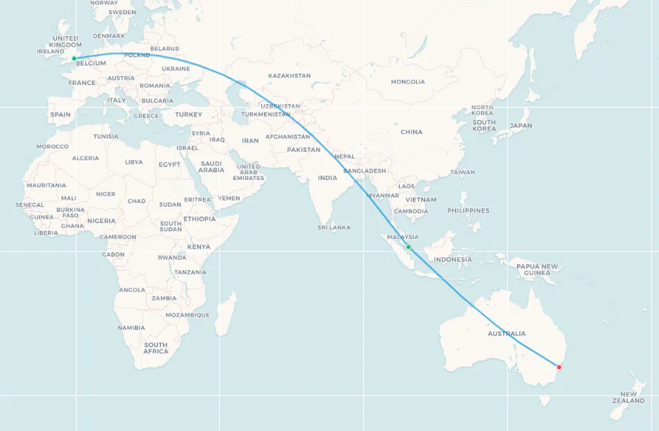 British Airways Singapore to Sydney fifth-freedom route map