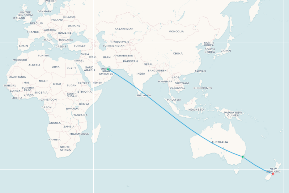Emirates Sydney to Christchurch fifth-freedom route map