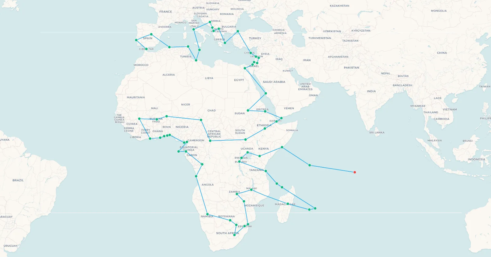 Map of the third chapter, from Gibraltar across the Mediterranean and the whole of Africa out to the Indian Ocean