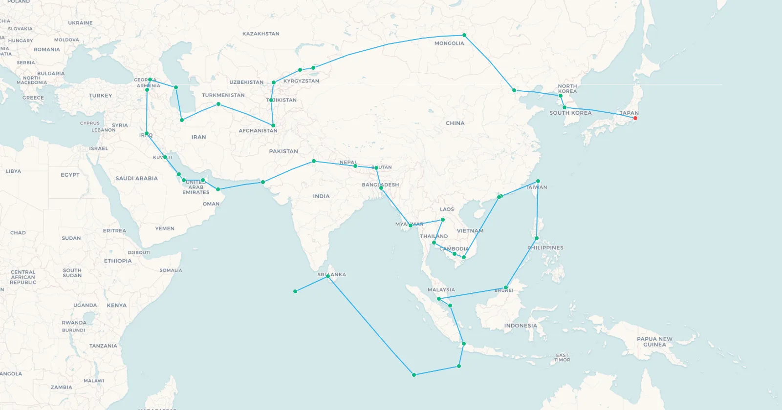 Map of the fourth chapter, from the Maldives across South Asia, the Gulf, Central Asia and on to Japan