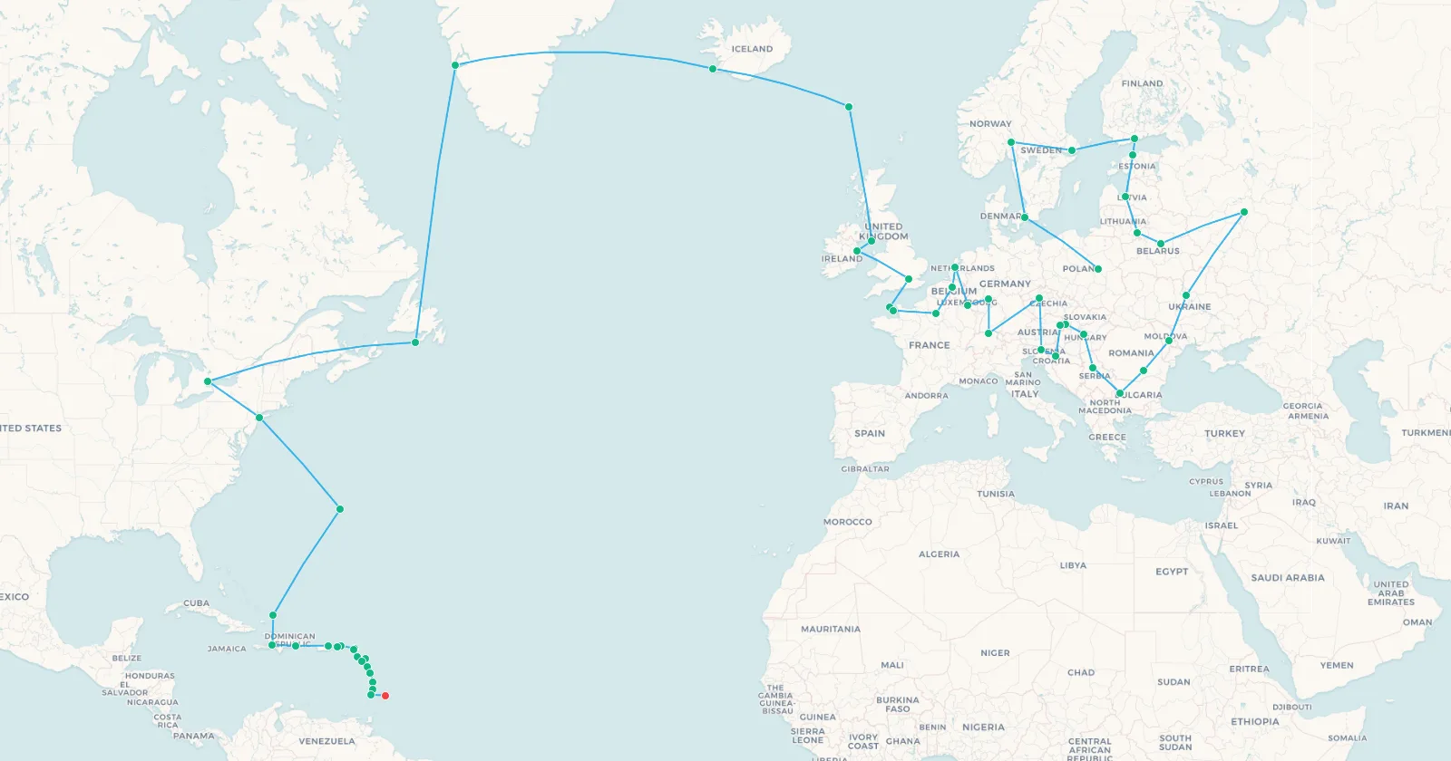 Map of the first chapter, from Warsaw across Europe and the North Atlantic via Iceland and Greenland into the Caribbean