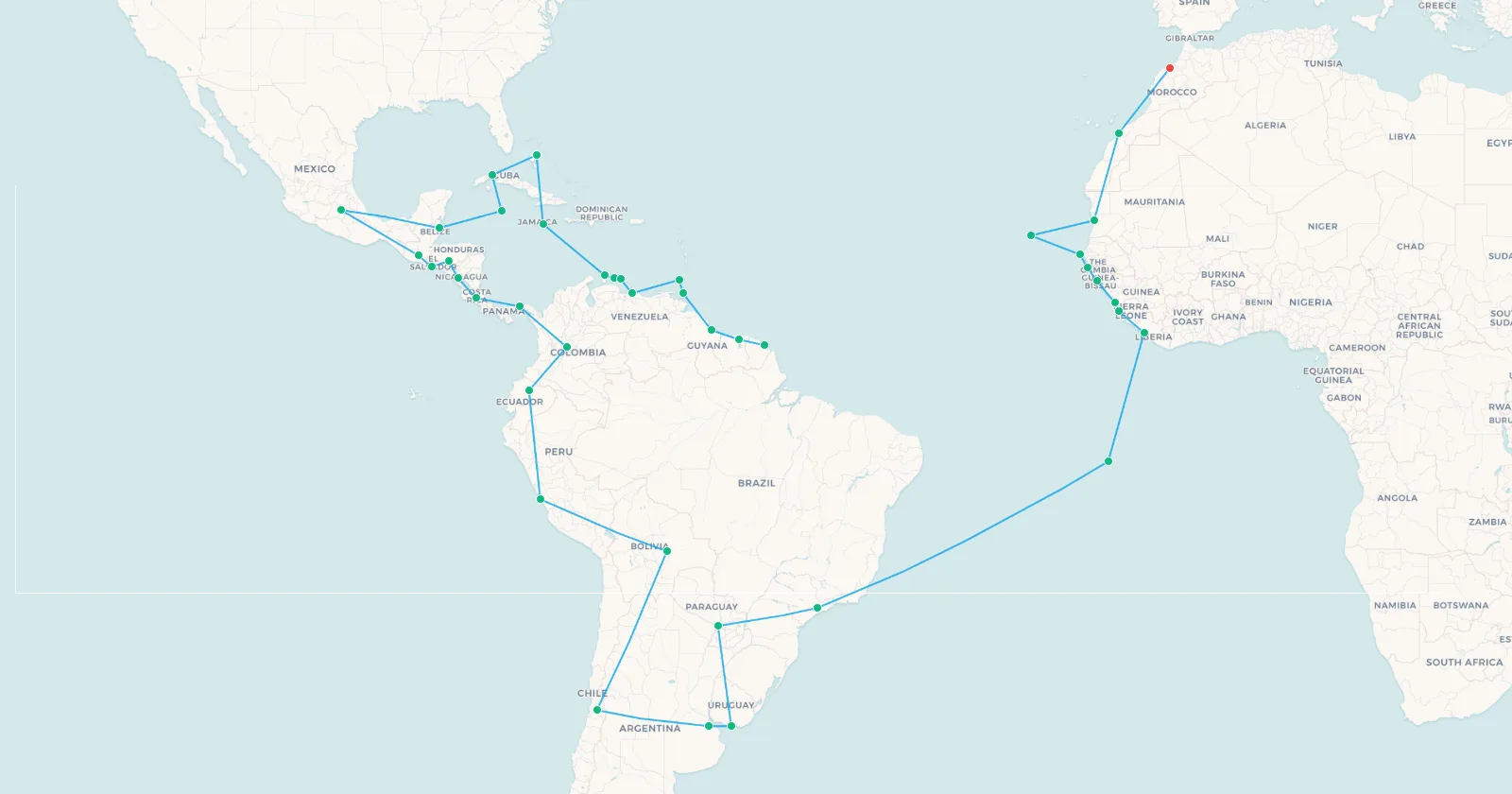 Map of the second chapter, from French Guiana through South America and across the South Atlantic to Morocco