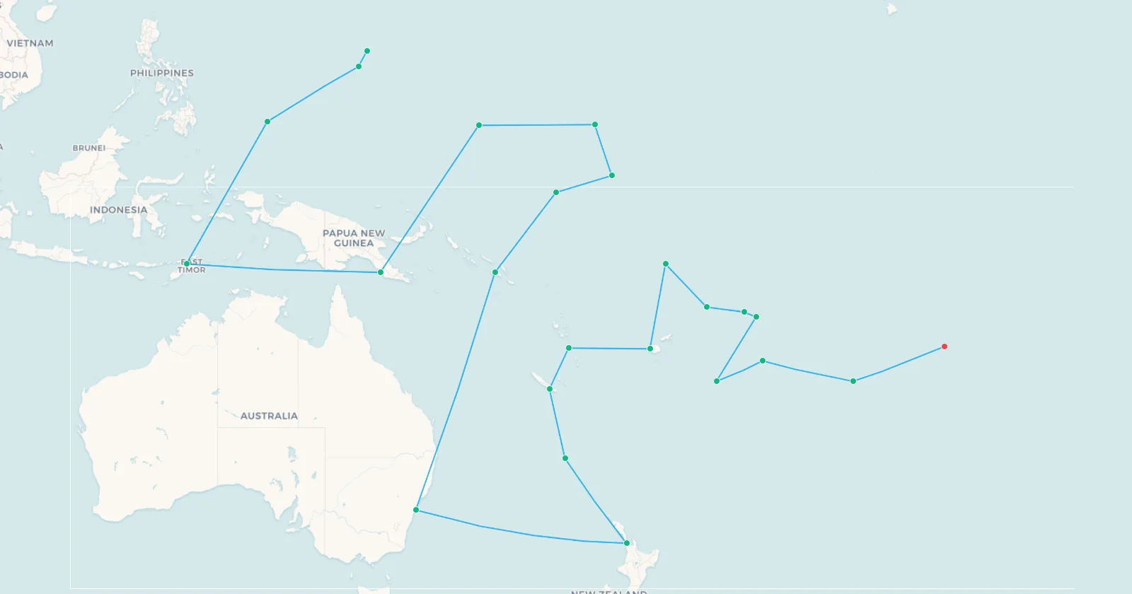 Map of the final chapter, threading the Pacific from the Northern Mariana Islands through Micronesia and Melanesia to Tahiti