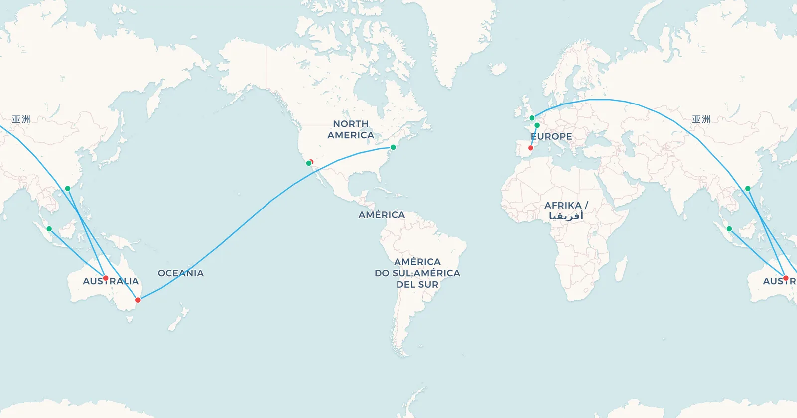 Map of deliberately near-empty flights including the Qantas Project Sunrise research flights and 2020 storage ferry flights to Alice Springs, Teruel and Victorville