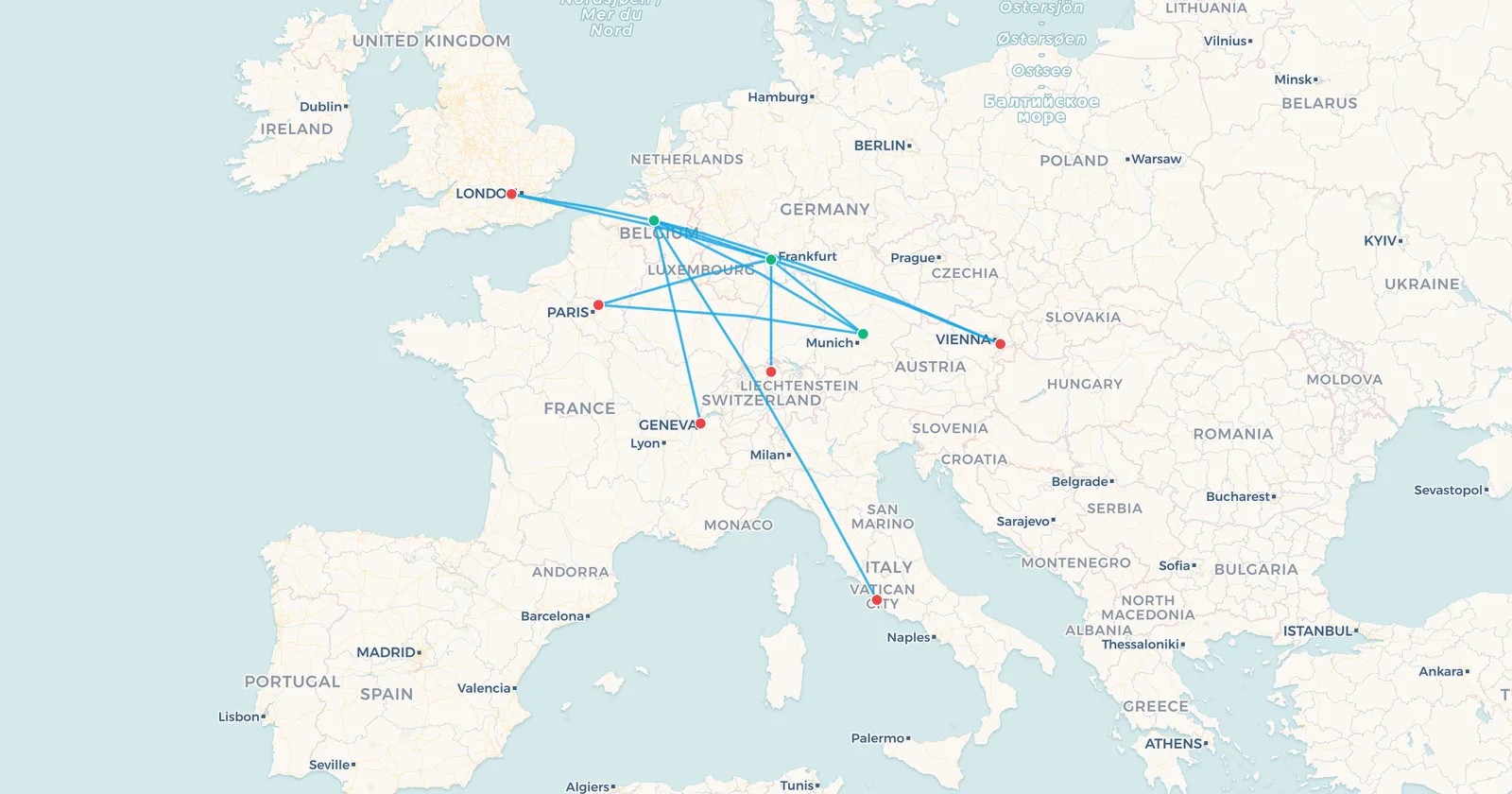 Map of Lufthansa Group short-haul hub sectors between Frankfurt, Munich, Brussels, London, Paris, Vienna, Zurich, Rome and Geneva