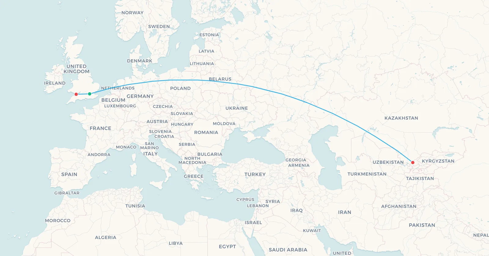 Map of British Mediterranean's Heathrow to Cardiff ghost flight and the Heathrow to Tashkent route it replaced