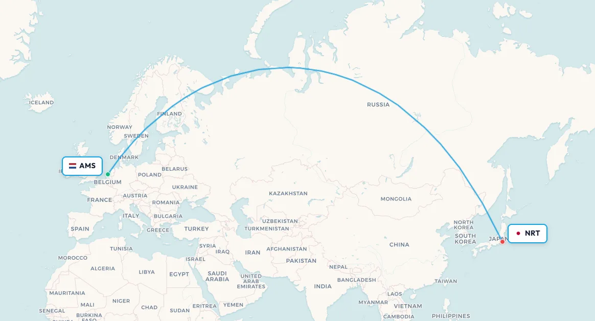 Amsterdam to Tokyo flight route map