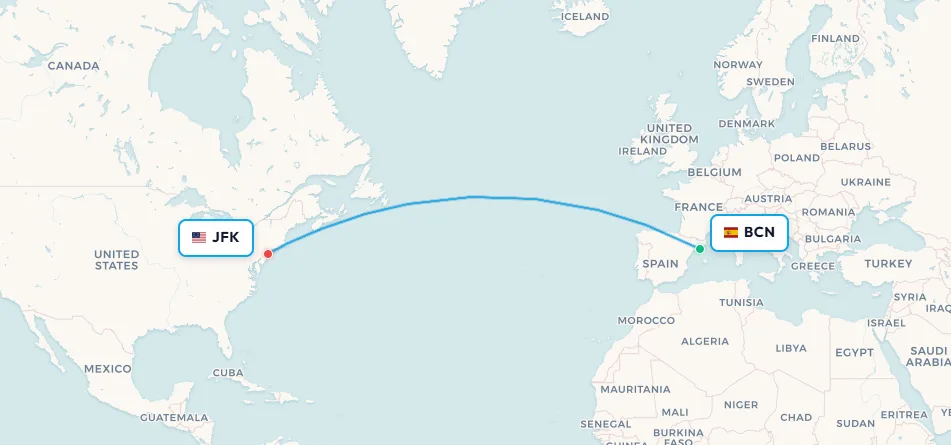 Barcelona to New York flight route map