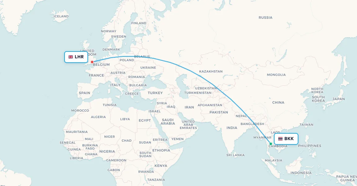 Bangkok to London flight route map