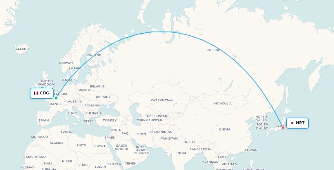 Paris to Tokyo flight route map