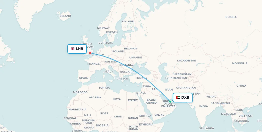 Dubai to London flight route map