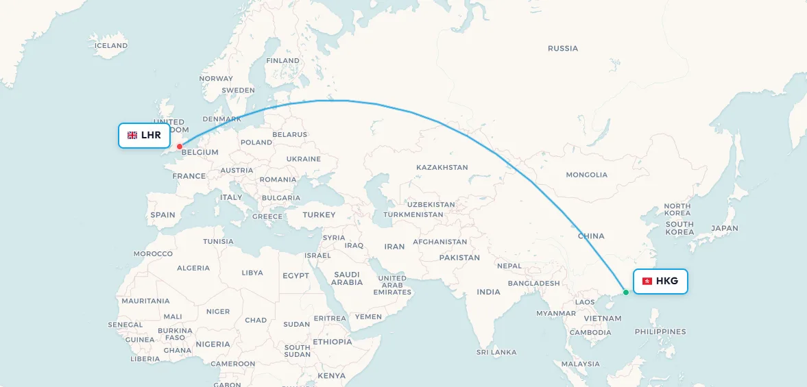 Hong Kong to London flight route map