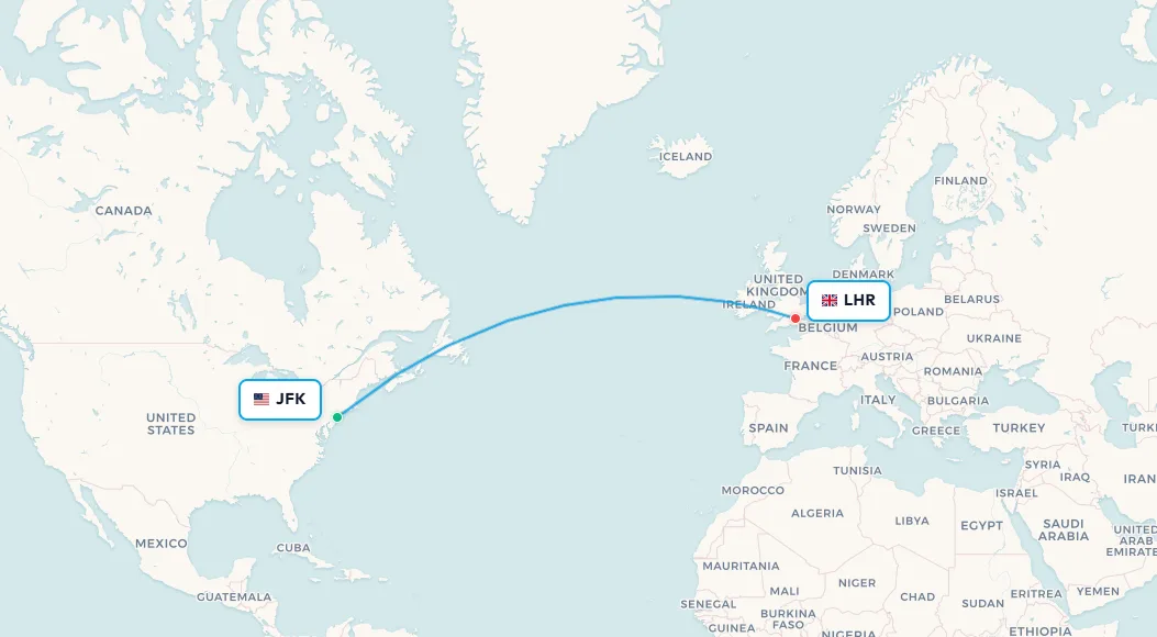 New York to London flight route map