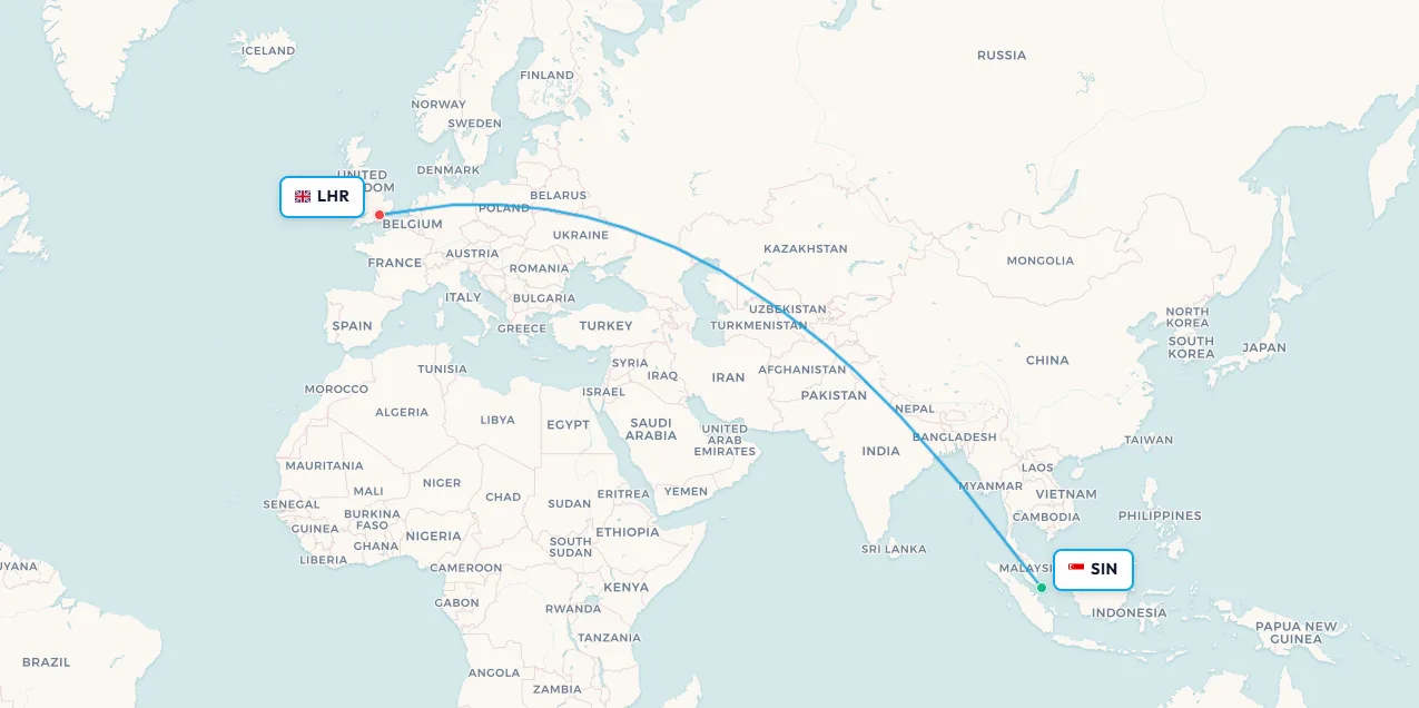 Singapore to London flight route map