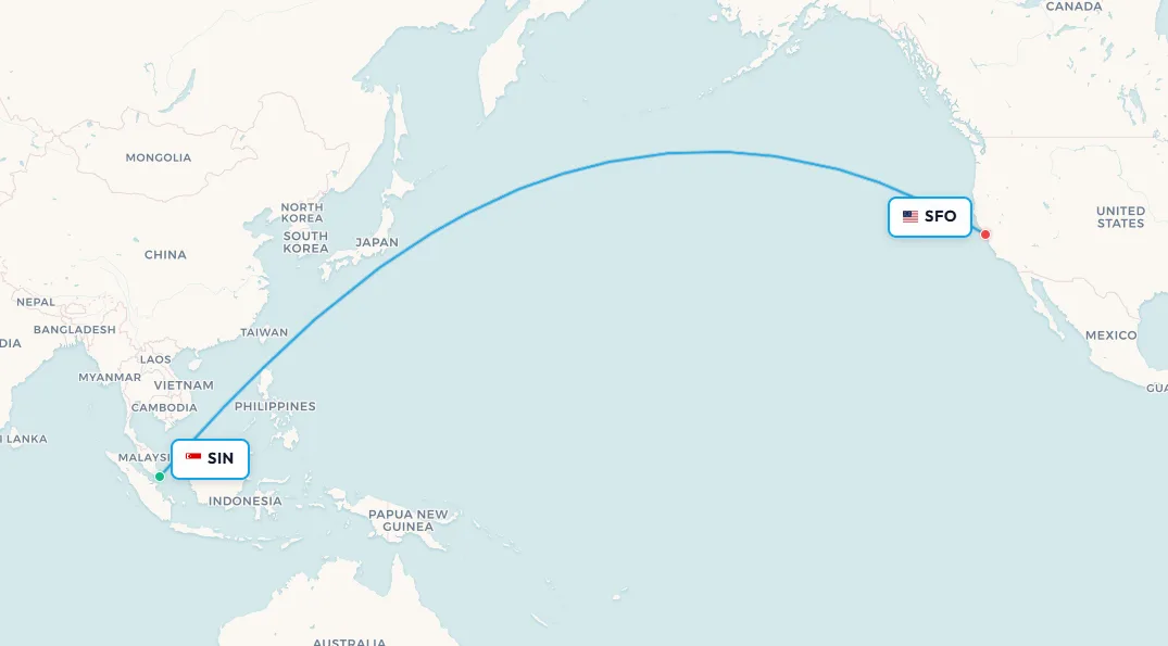 Singapore to San Francisco flight route map