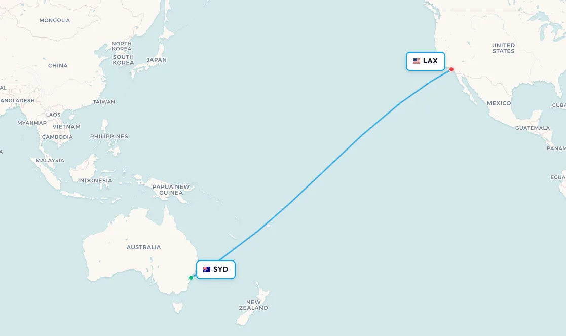 Sydney to Los Angeles flight route map