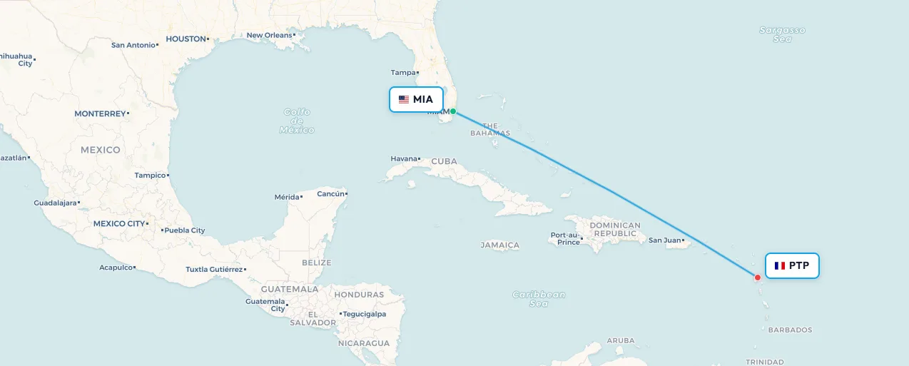 Mapa de ruta Miami a Pointe-à-Pitre