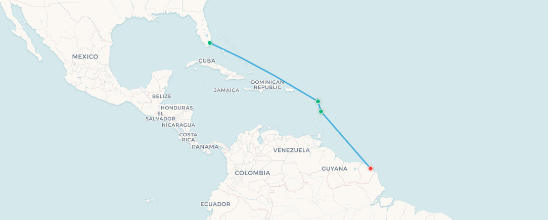 Mapa completo del Caribbean Island Hopper de Air France de Miami a Cayena
