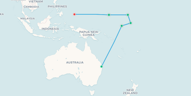 Mapa completo del Nauru Airlines Australia-North Pacific Connector de Brisbane a Palaos