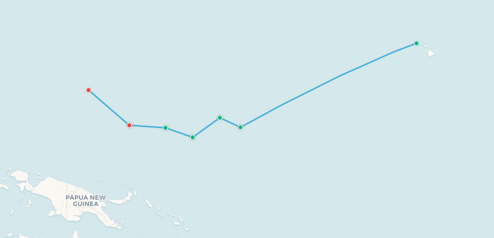 Mapa completo del United Airlines Island Hopper de Honolulu a Guam