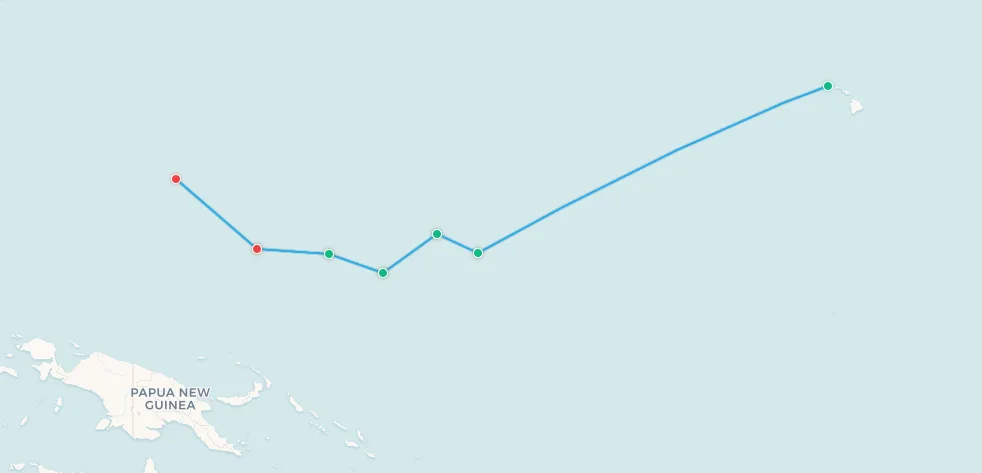 Mapa completo del United Airlines Island Hopper de Honolulu a Guam