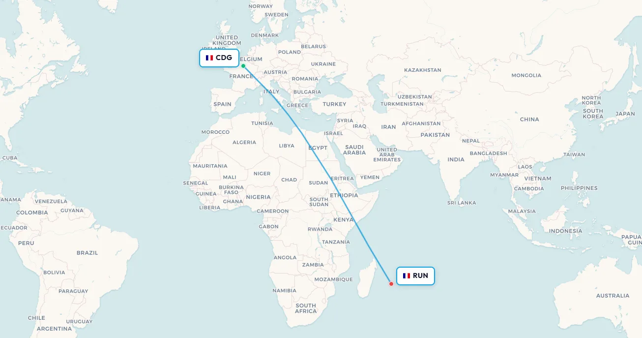 Mapa de ruta de vuelo doméstico de París CDG a Reunión RUN