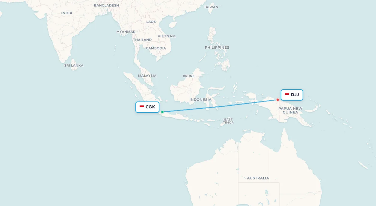 Mapa de ruta de vuelo doméstico de Yakarta CGK a Jayapura DJJ
