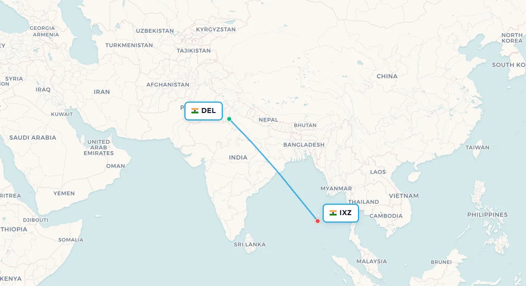Mapa de ruta de vuelo doméstico de Nueva Delhi DEL a Port Blair IXZ