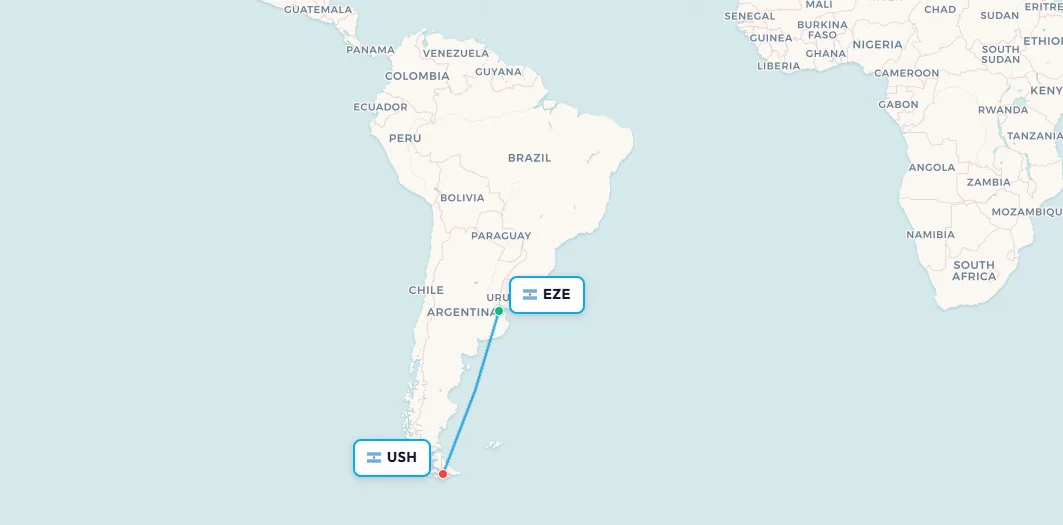 Mapa de ruta de vuelo doméstico de Buenos Aires EZE a Ushuaia USH