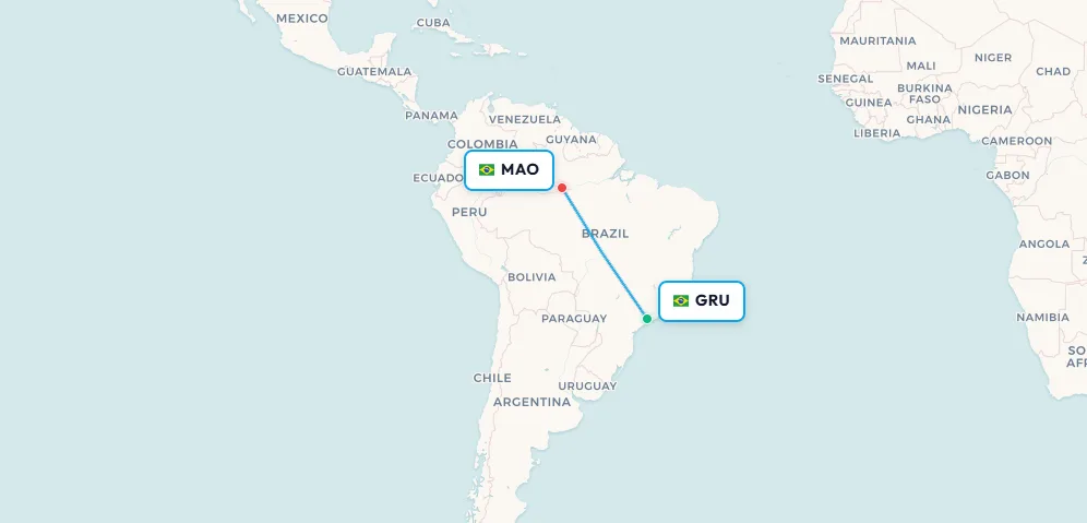 Mapa de ruta de vuelo doméstico de São Paulo GRU a Manaos MAO