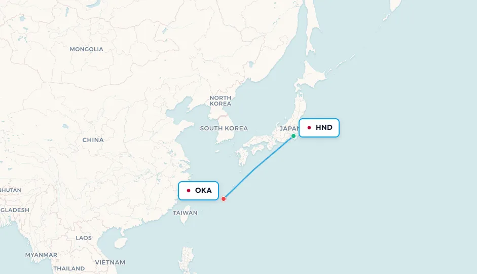 Mapa de ruta de vuelo doméstico de Tokio HND a Naha OKA