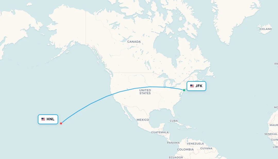 Mapa de ruta de vuelo doméstico de Nueva York JFK a Honolulu HNL