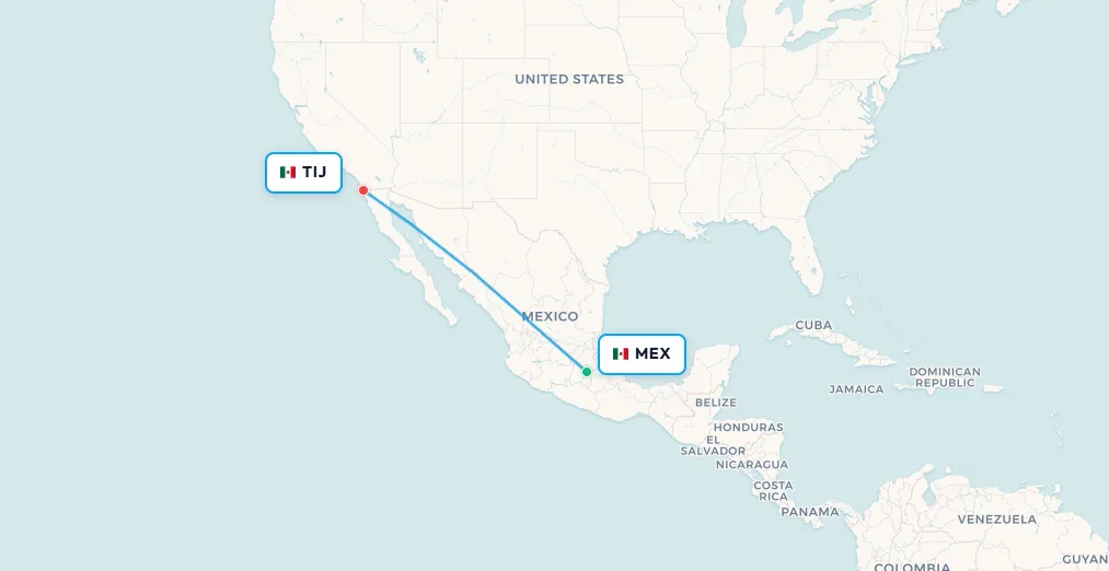 Mapa de ruta de vuelo doméstico de Ciudad de México MEX a Tijuana TIJ