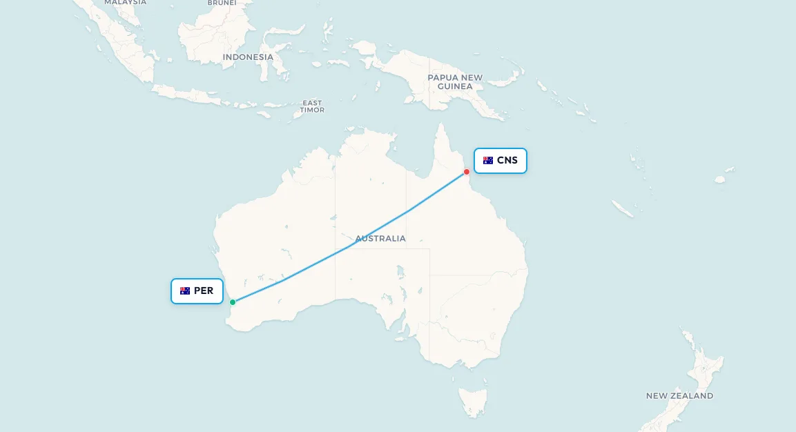 Mapa de ruta de vuelo doméstico de Perth PER a Cairns CNS