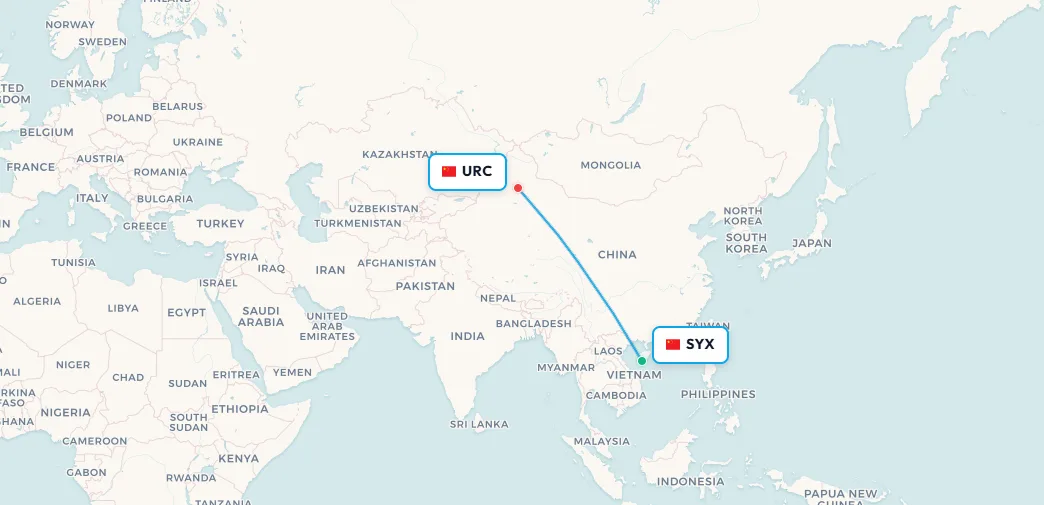 Mapa de ruta de vuelo doméstico de Sanya SYX a Ürümqi URC