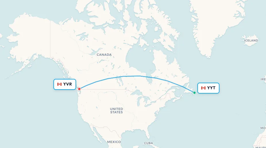 Mapa de ruta de vuelo doméstico de St. John's YYT a Vancouver YVR