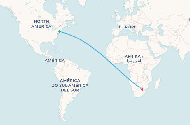 New York to Johannesburg flight route map